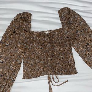 Floral Print Drawstring Front Copped Blouse
